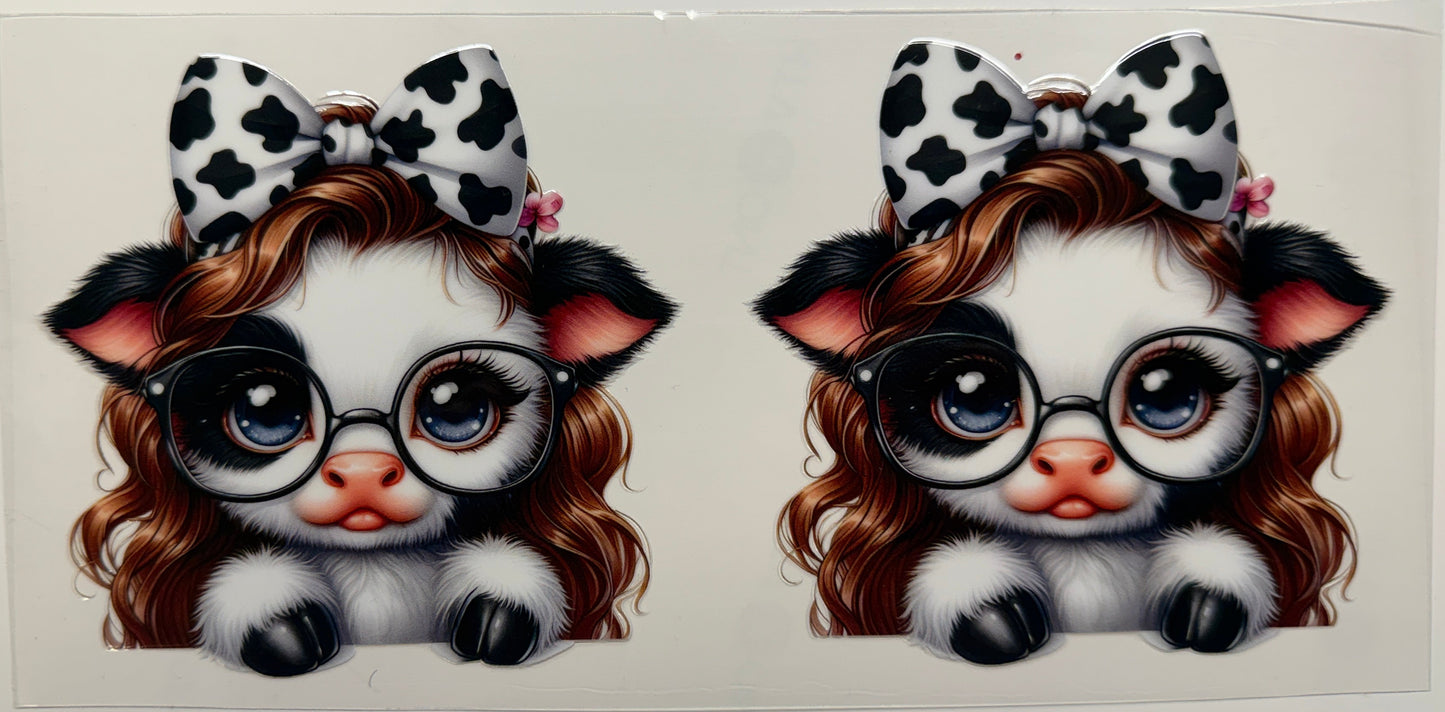 Cow with glasses and bow uv dtf decal