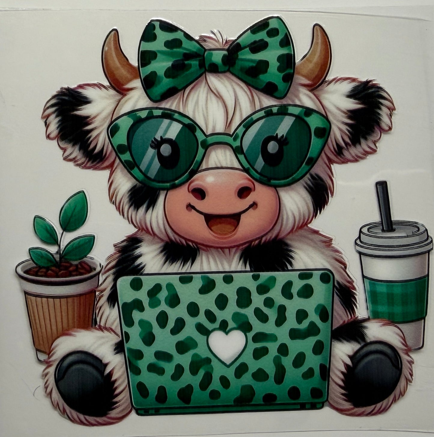 Green laptop cow uvdtf decal