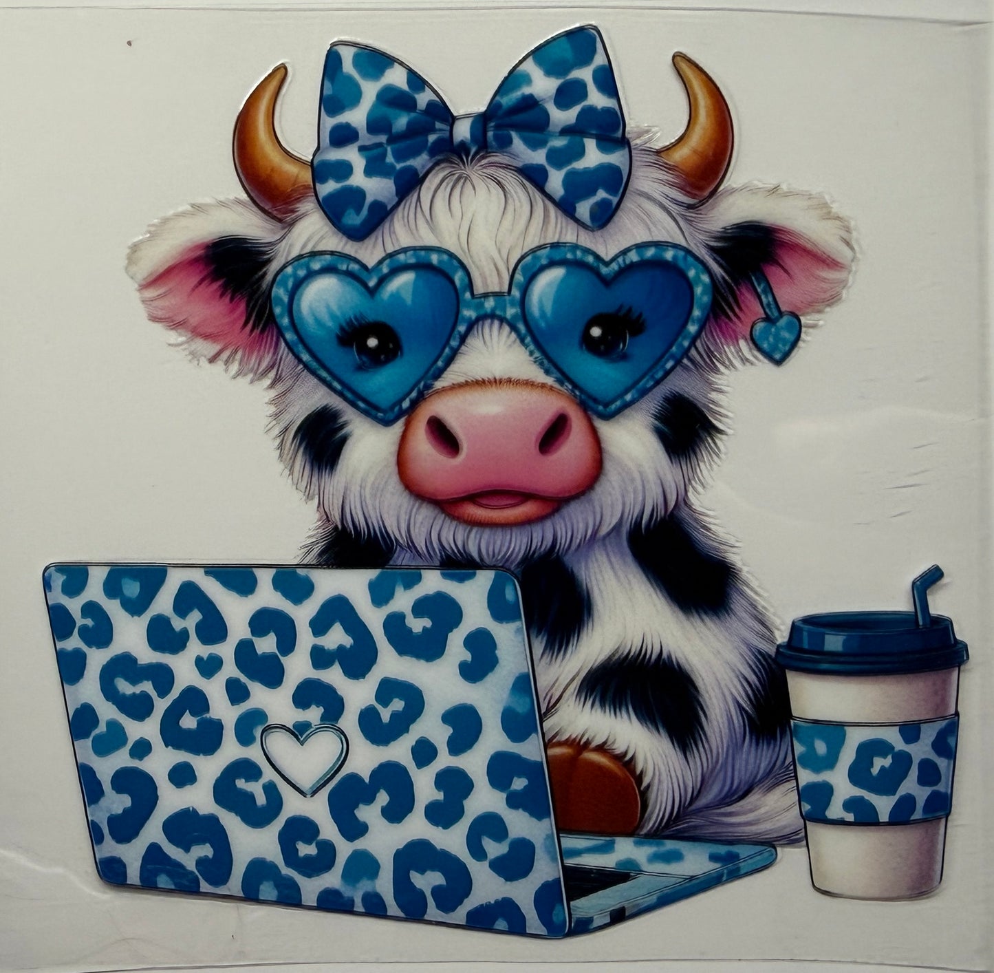 Blue laptop cow uvdtf decal