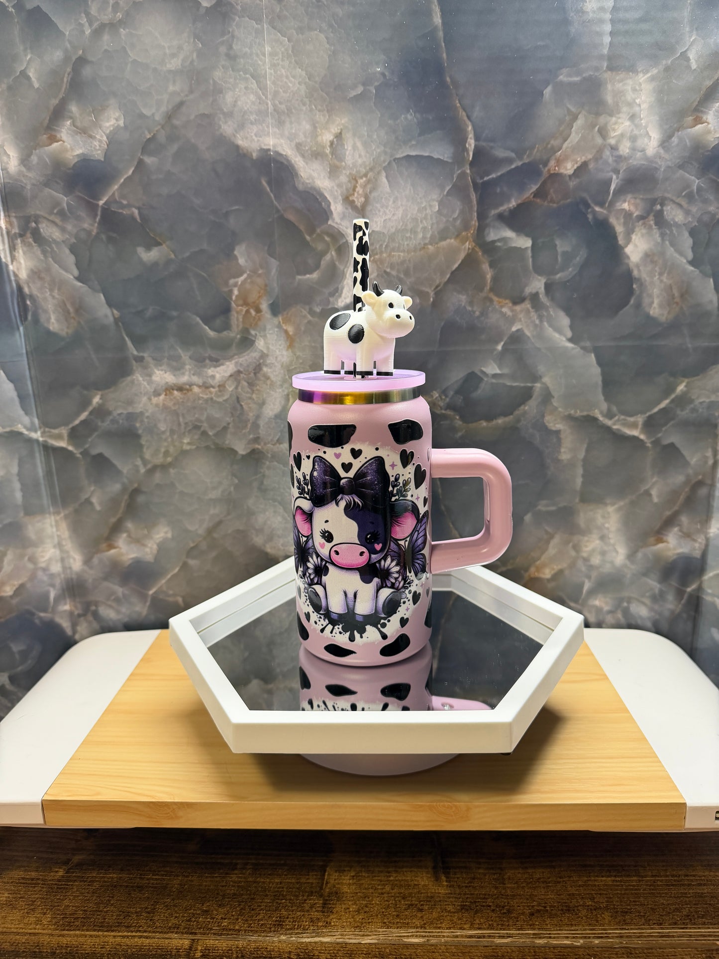 Purple bow cow 20 oz stainless steel tumbler with straw and straw topper (all included)