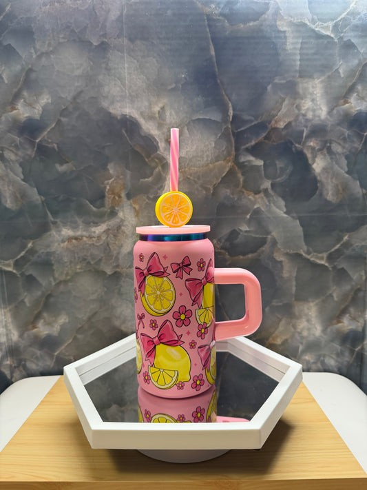 20 oz lemons stainless steel tumbler with straw and straw topper (all included)