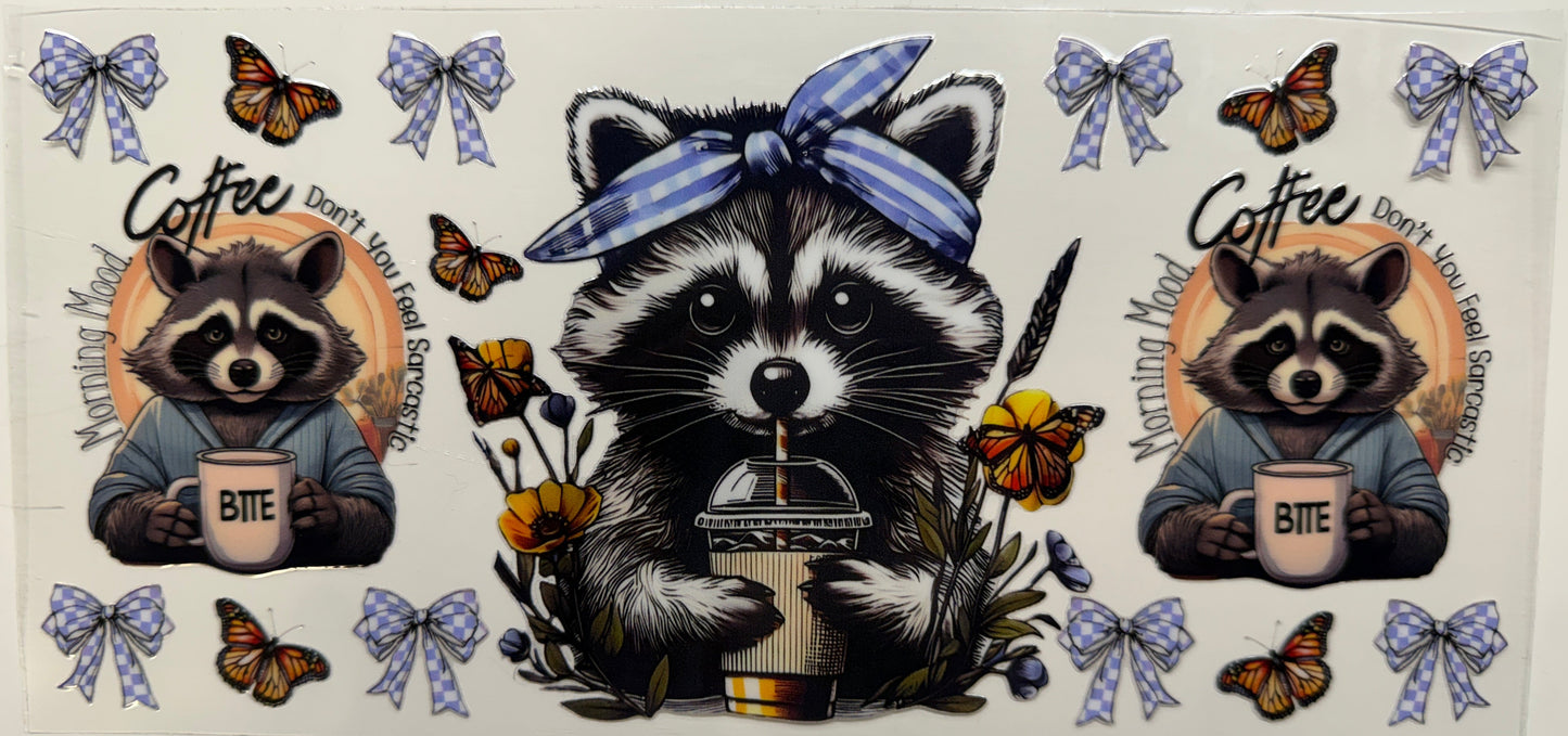 Raccoon morning mood uv dtf decal