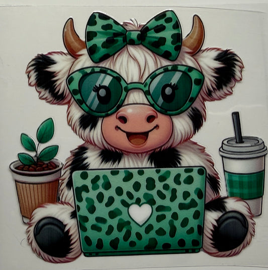 Green laptop cow uvdtf decal