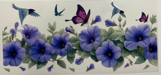 Purple flowers birds and butterflies uv dtf decal