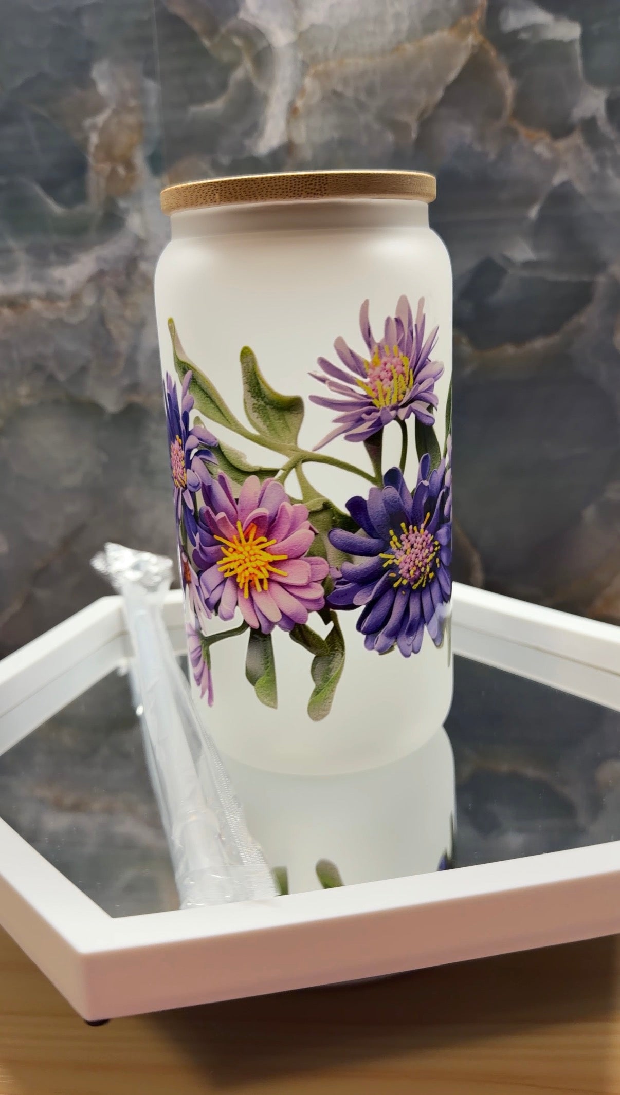 Purple floral 16 oz glass tumbler