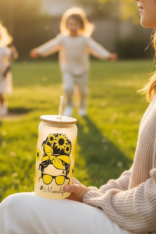 Mom life 16 oz glass tumbler
